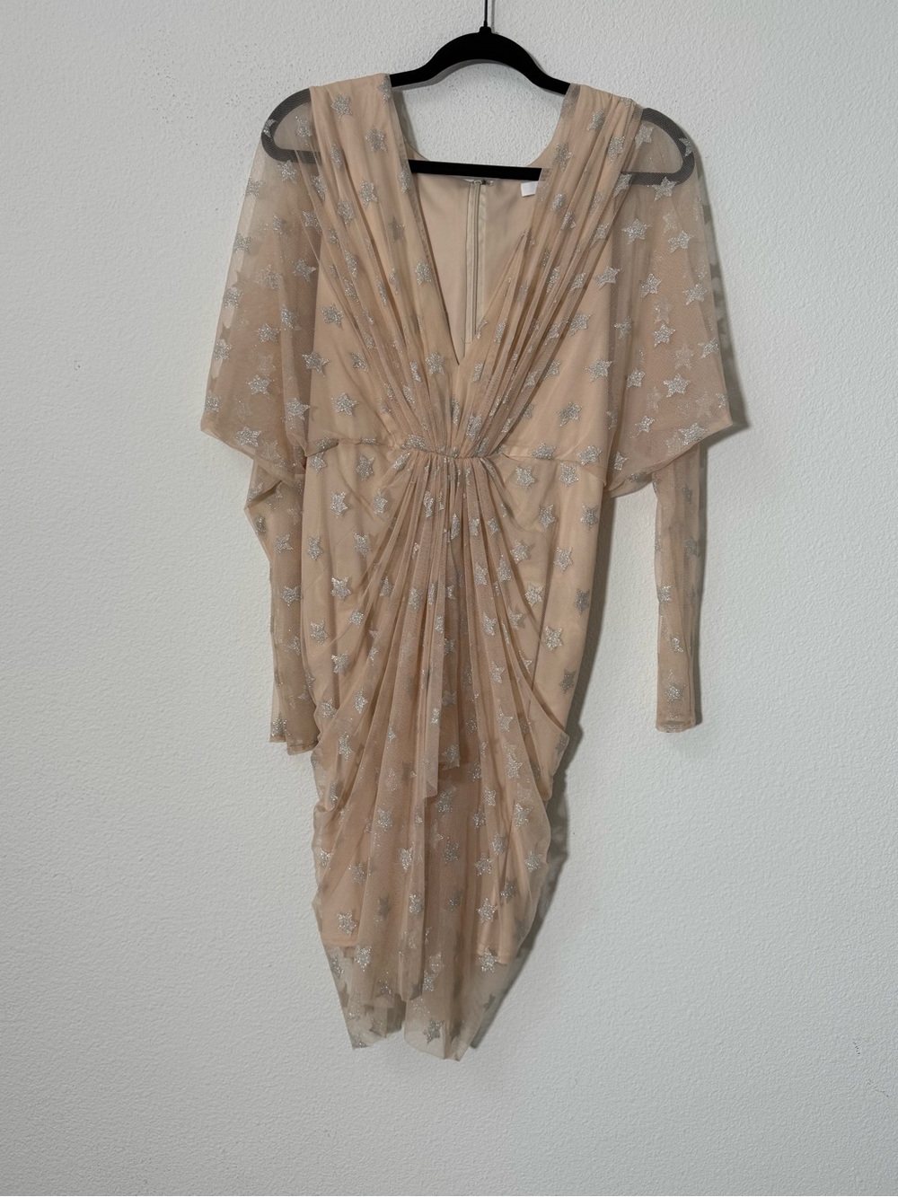 SHO Nude Silver Glitter Star Mesh Draped Mini Dress Sheer Sleeve Party Cocktail